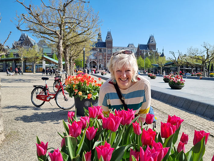 Sue above tulips